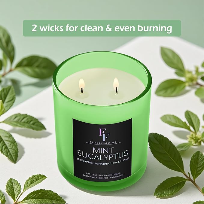 Mint Eucalyptus Scented Candle, 2-Wick Luxury Soy Wax Candle, 9 oz Aromatherapy Candle Home Fragrance Candles Gift