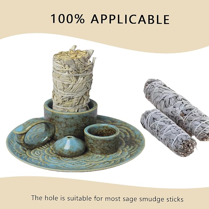 4 in 1 Incense Burner Holder for Sticks, Palo Santo Sticks Holder, Candle and Sage Holder for Burning Ceramic Ash Catcher Tray for Meditation Yoga Room Home Decor (Blue)