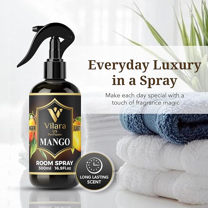 Vilara US Room Spray Freshener – Long-Lasting Luxury Perfume Scent, Linen & Fabric Spray for Bedding, Furniture, Home & Bedroom Aromatherapy – 16.9 fl oz (Mango)