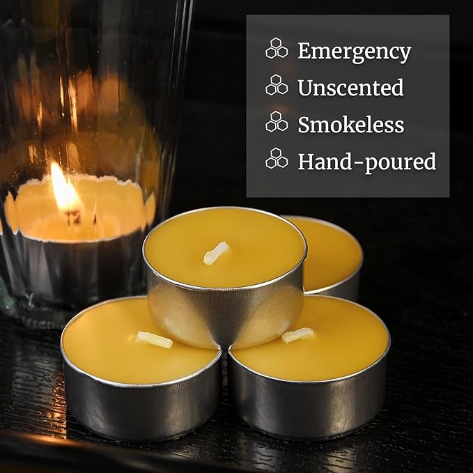 48 Pack Beeswax Tealight Candles Bulk,Pure Natural Bees Wax in Aluminum Shell - 4 Hour Extended Burn Time,Smokeless Tea Light Candles for Home Deco,Table centerpieces