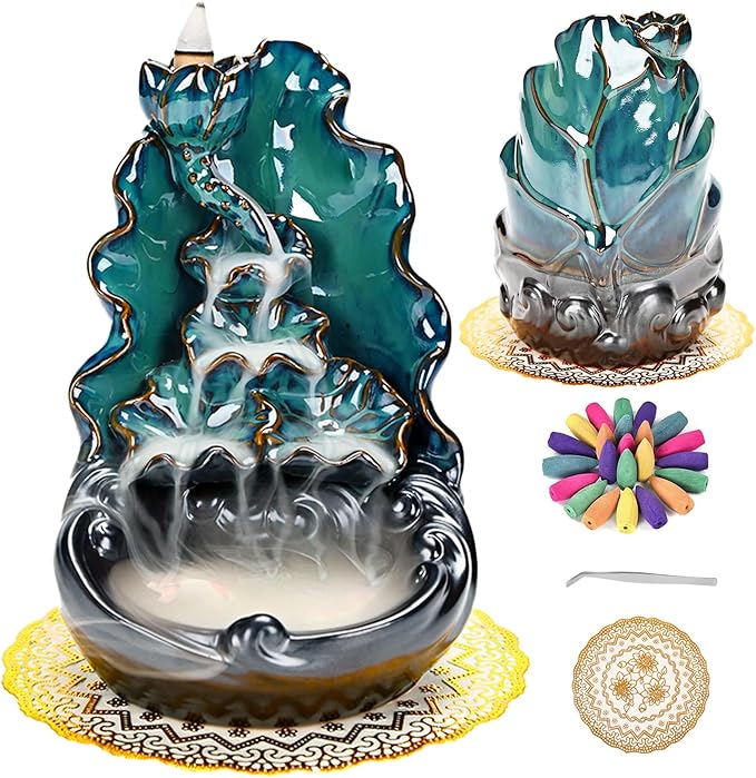 Mountain Waterfall Incense Burner，Backfall Incense Holder River, Incense Falls Meditation Decor for Room with Upgrade Incense Cones and Accessories (Lotus Leaf)