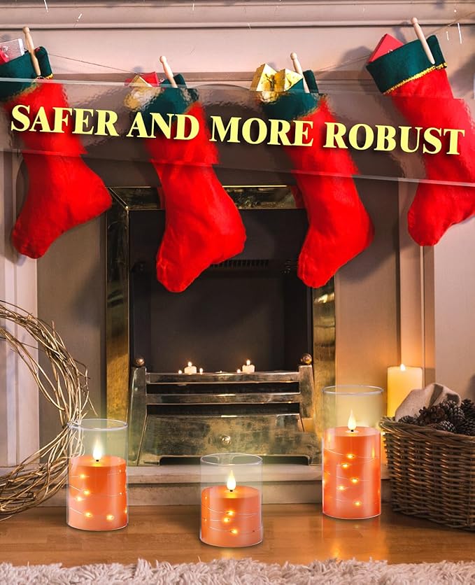Flashing Flameless Candles with String Light, Battery Powered Candle, Recessed String LED Candle, Indestructible Plexiglass Candles with Remote Control, Set of 3, Orange