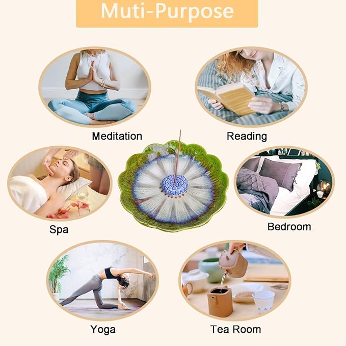 Ceramic Incense Holder for Sticks, Handmade Incense Burner Trays with 3 Pcs Incense Holes, Multi-Purpose Ash Catcher for Coils, White Sage & Palo Santo, Smudge Bowl for Meditation, Yoga, Decor (Green)