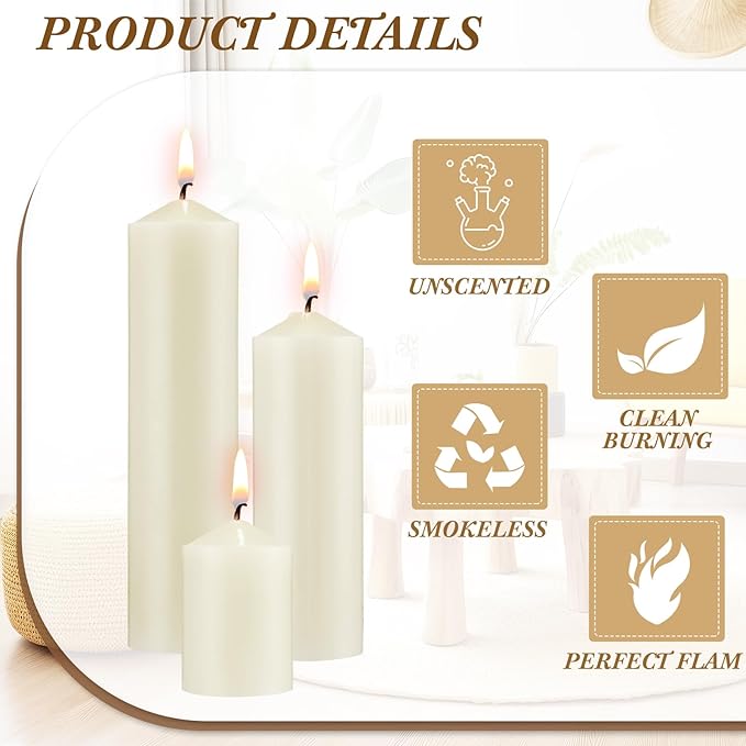 MTLEE 18 Pcs Set of 3 Pillar Candles Bulk 2 in x 3, 6, 8 Long Burning Clean Unscented Smokeless Pillar Candles for Wedding Emergency Lanterns Ceremony Party(Ivory White)