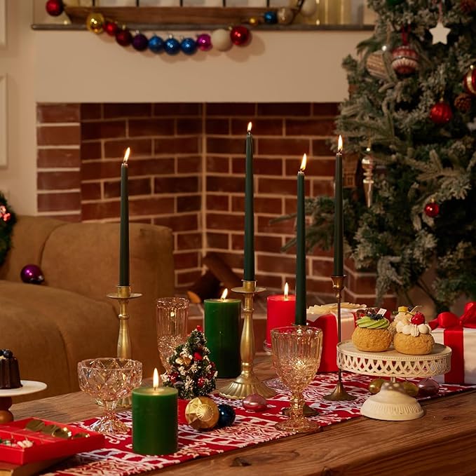 New Burning Formula Unscented Dripless 12-Inch Taper Candles Set of 12 - Dark Green, for Wedding, Dinner - Smokeless, Long Burning - Hand Poured, Colored Tall Candlesticks - Verde Oscuro