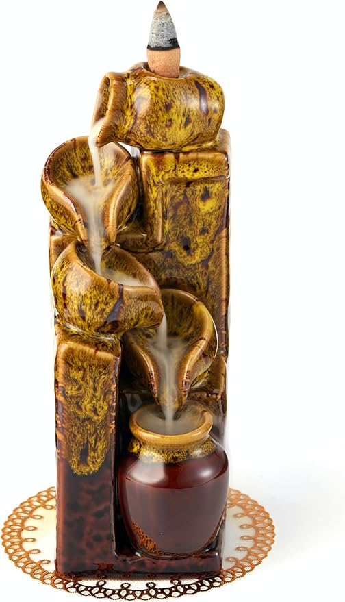 Unique Cascading Basins Ceramic Waterfall Incense Holder, Paired with a Pack of Backflow Incense Cones. (Fambe Yellow)