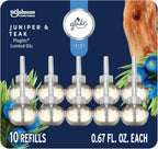 Glade PlugIns Refills Air Freshener, Juniper & Teak, Scented and Essential Oils for Home and Bathroom, 0.67 Fl Oz, 10 Count
