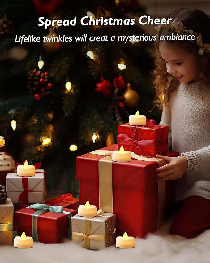 Flameless Candles, 24Pack Timer Fake Candle, LED Tea Light Candles, Battery Operated Votives with 6 Hours Timer Auto for Halloween Christmas Wedding Decor-1.5'' D X 1.25'' H, Warm Yellow