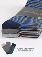 COTTON DAY Men's Premium Soft Combed Cotton Trouser Dress Socks Seamless Toe Black Navy Blue Striped