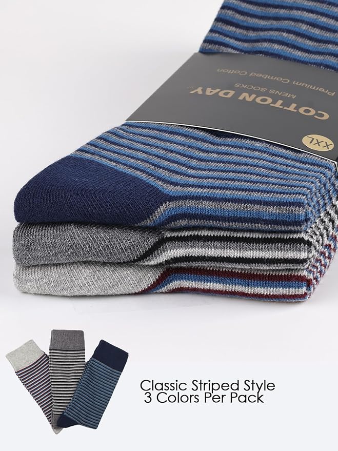 COTTON DAY Men's Premium Soft Combed Cotton Trouser Dress Socks Seamless Toe Black Navy Blue Striped