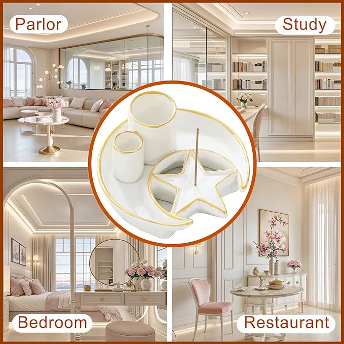 Incense Holder,4 in 1 Palo Santo Holder for Burning Sage and Sticks,5.9" Ceramic Incense Burner,White Candle Holder Ash Catcher Tray for Meditation Home Zen Decor Gift