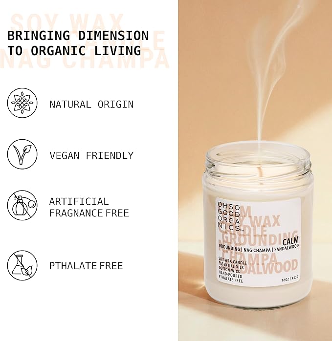Scented Soy Wax Candle for Home with Hints of Nag Champa, Sandalwood, and Essential Oils, Soy Candles Non Toxic, Aromatherapy Candles, 16oz, 60 Hours Burn Time, Calm Scent