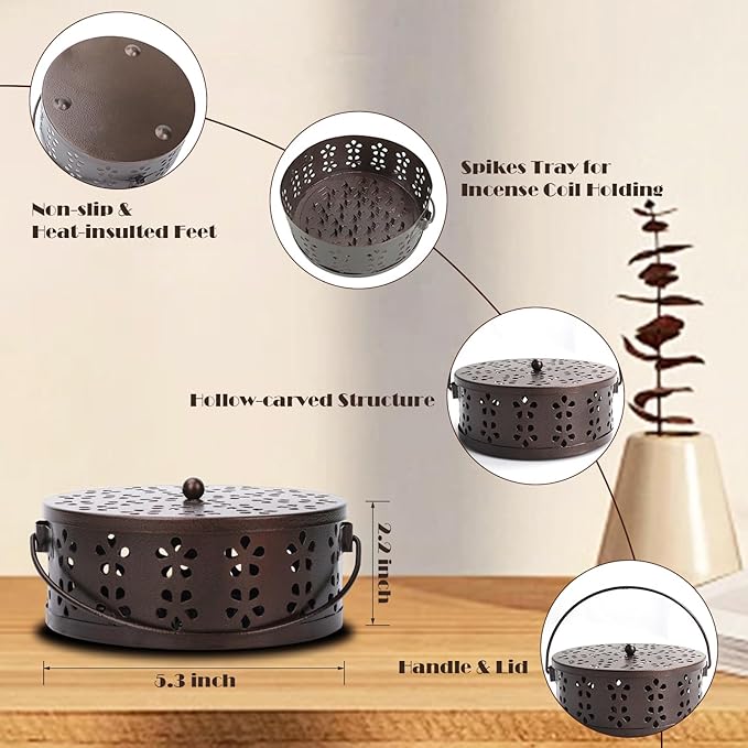 Portable Mosquito Coil Holder with Handle Round Heat-Resistant Iron Incense Coil Holder (Bronze)