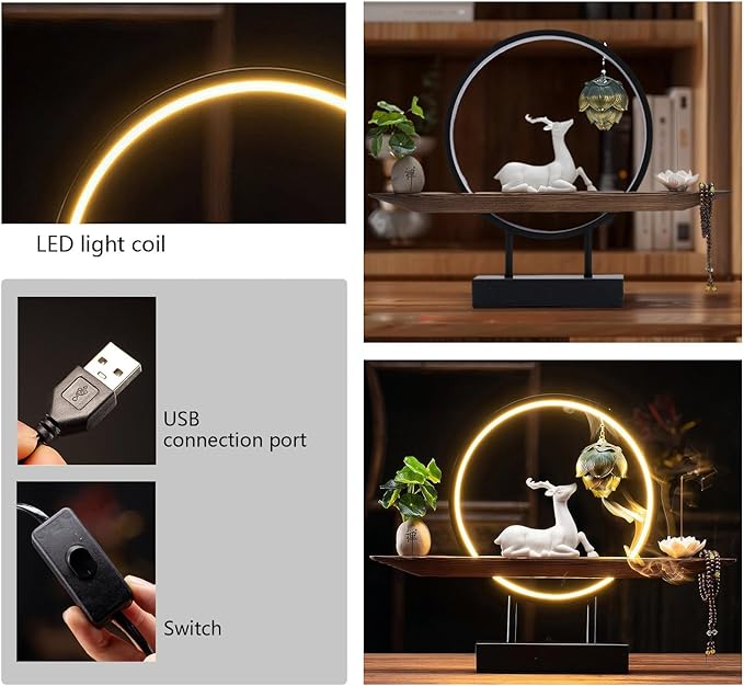 Deer Statue Backflow Incense Burner,Backflow Lotus Heart Incense Burner, Incense Waterfall Fountain Holder,with Adjustable LED Light Ring, USB Powered, Compatible with Cone and Stick Incense