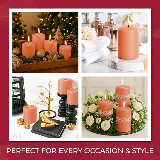 Biedermann & Sons 45-Hour Long Burning Unscented Pillar Candles, Peach, 3 x 4 Inch - Set of 6