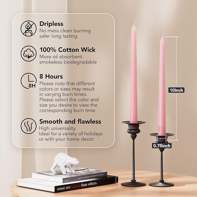 New Burning Formula Unscented Dripless 10-Inch Taper Candles Set of 12 - Pink, for Wedding, Dinner - Smokeless, Long Burning - Hand Poured, Colored Tall Candlesticks - Rosa