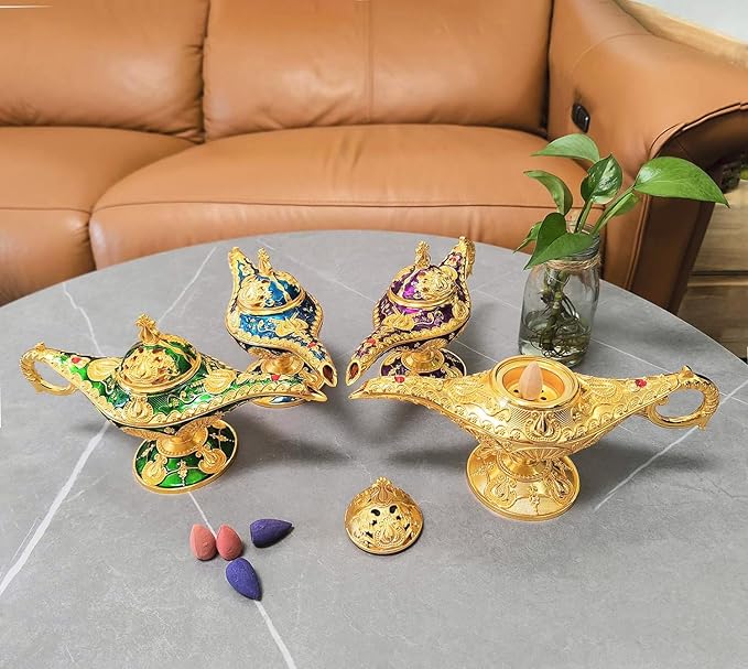 Vintage Aladdin Genie Lamp Cone Incense Holder,Legend Magic Lamp Incense Burner Arabian Costume Props,Wishing Light for Home Decor Birthday Party Wedding Gold