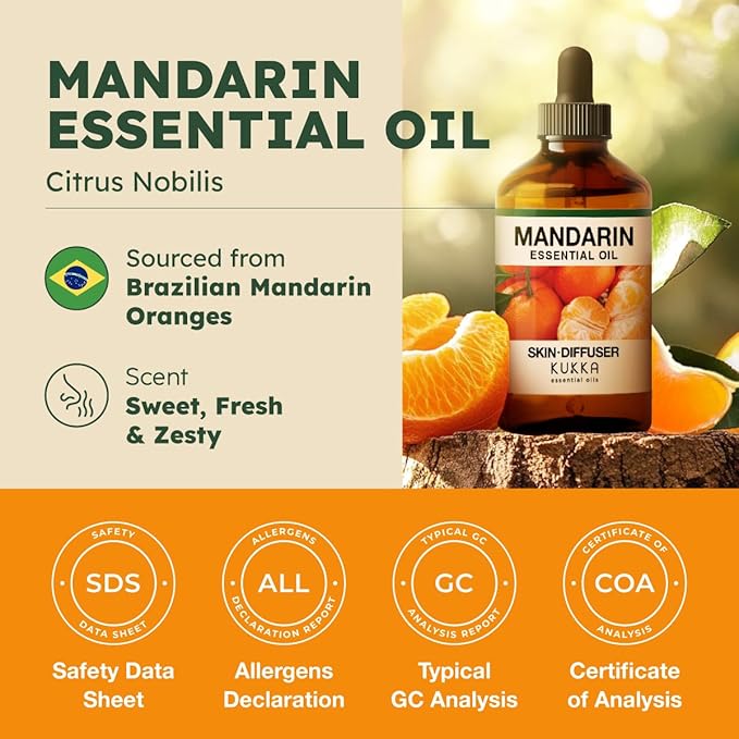 KUKKA Mandarin Essential Oils - 4 Fl Oz - for Hair, Skin, Diffuser, Aromatherapy & DIY Soap Making Scent