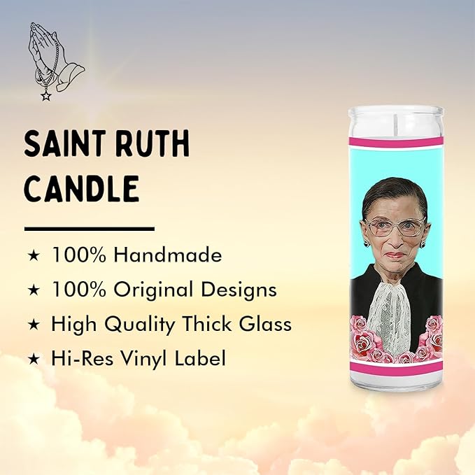 Ruth Celebrity Glass Jar Candle – Unscented Handmade Soy Wax Votive Candle – Unique Gift for Bader Ginsberg Fans & Law Lovers – Home Decor Collectible for Living Room & Office – 8 Inch