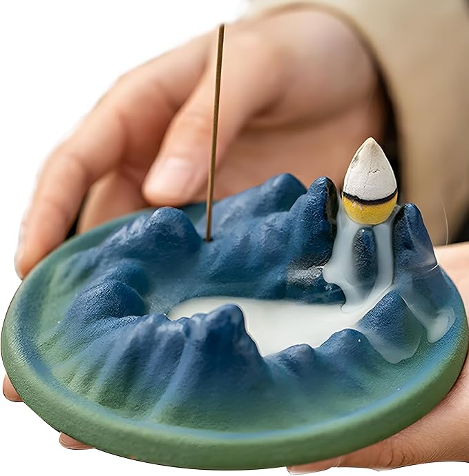 Backflow Incense Burner, Green Mountain Incense Holder for Cone Incense Stick,Ash Catcher,Aromatherapy Bathroom and Home Decoration