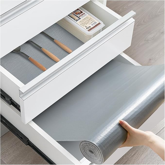 Shelf and Drawer Liner, Kitchen Cabinet Liners Non-Adhesive Thick Non-Slip Waterproof Washable Fragrant Mats Protect Dresser Shelves Cupboard Bathroom Cabinets, Gray, 18 in X 20 FT