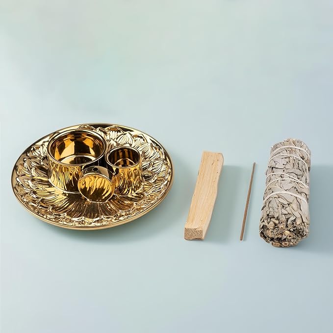 4 in 1 Incense Holder, Ceramic Incense Stick and Palo Santo Holder,Sage Holder for Burning- 5.5" Ceramic Ash Catcher Tray for Meditation and Yoga Room (Golden)