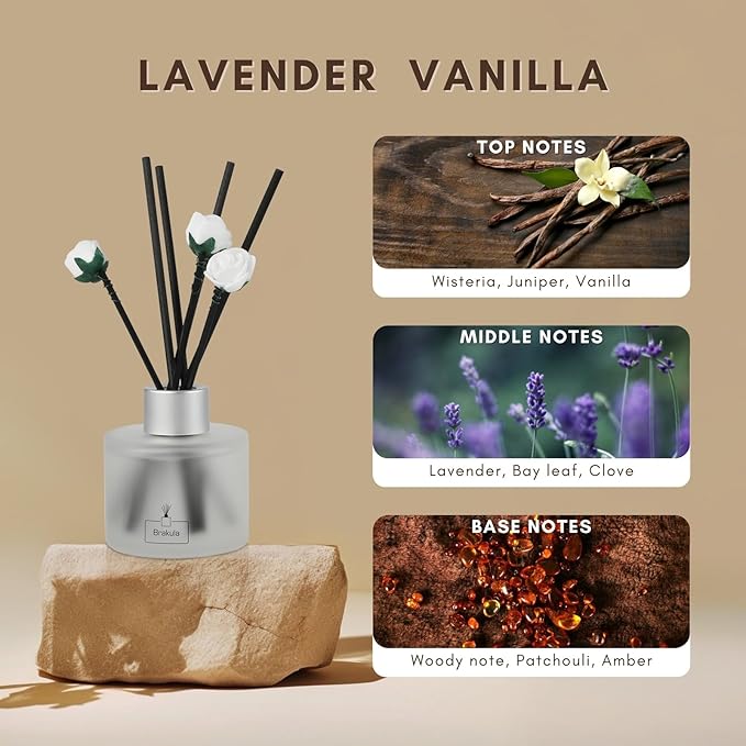 Brakula 2 Pack Reed Diffuser Set, Lavender Vanilla Scented, Home Fragrance with 14 Sticks Bathroom Decor, Reed diffusers for Home 6.76 fl oz (Lavender Vanilla)