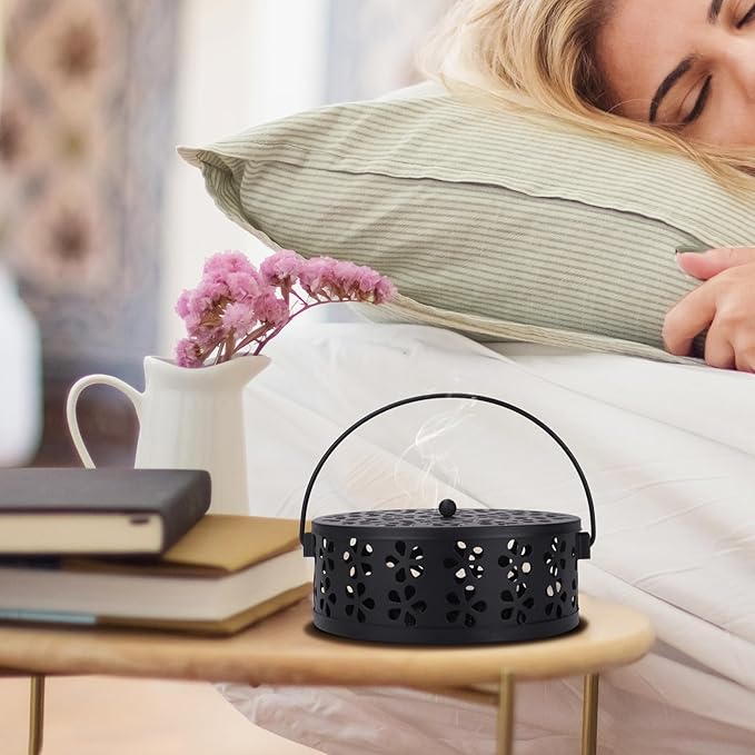 Mosquito Coil Holder 2 Pack Citronella Incense Coil Holder Outdoor Steel Round Mosquito Coil Burner Tray with Handle and Lid (Black/Bronze)