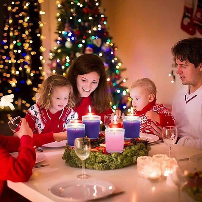 12 Packs Advent Candles with Clear Glass Holder, 9 Purple and 3 Pink Votive Candles, Unscented Seasonal Celebration Candles for Christmas Table Decoration, 1.8oz, KFUS-12VOT-ZIFEN