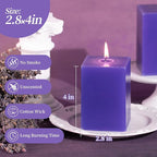 KONNI Square Violet Pillar Candles Set of 3, 2.8"x 4" Unscented Pillar Candles Bulk, 30 Hours Long Burning Candles, Smokeless Dripless Large Candle for Wedding, Home Decoration, Parties, Spas, Dinner
