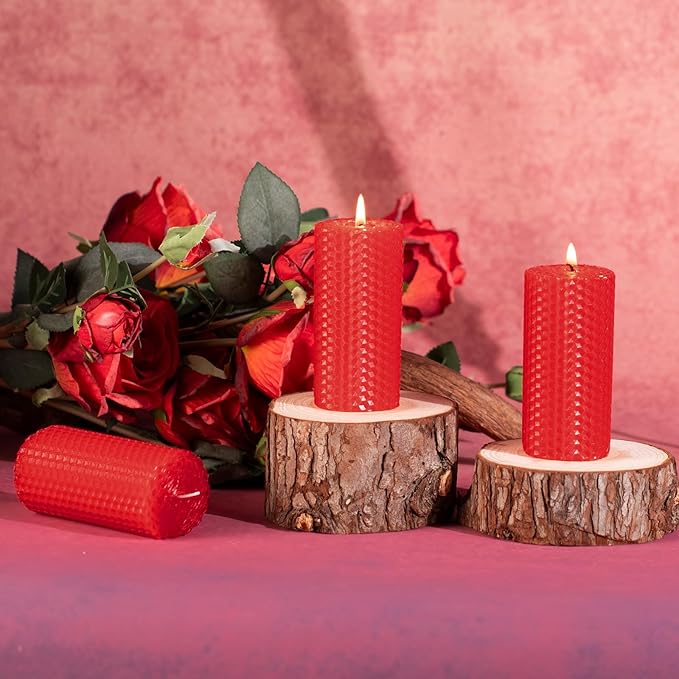 KONNI Beeswax Red Pillar Candles Set of 3, 2"x 4" Unscented Pillar Candles Bulk, 20 Hours Long Burning Candles, Smokeless&Dripless Large Round Candle for Wedding, Decoration, Parties, Spas, Dinner