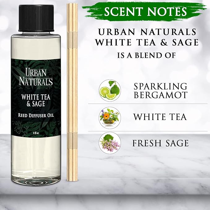 Urban Naturals Reed Diffuser Oil Refill White Tea & Sage, Sparkling Bergamot, Fresh Sage, 4 oz + Free Reed Sticks, Made in The USA