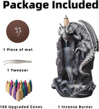 Dragon Backflow Incense Holder Waterfall Incense Burner, with 100 Backflow Incense Cones,1 Mat,1 Tweezers，Aromatherapy Ornamental for Home Office Yoga （Silver Dragon）