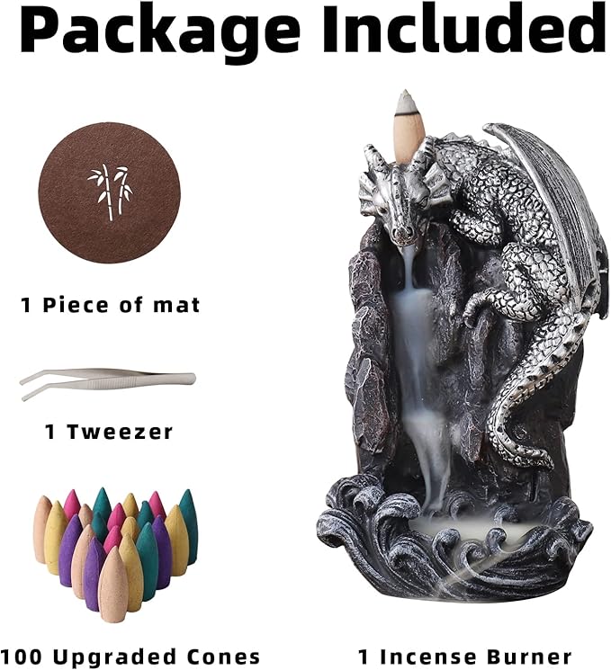 Dragon Backflow Incense Holder Waterfall Incense Burner, with 100 Backflow Incense Cones,1 Mat,1 Tweezers，Aromatherapy Ornamental for Home Office Yoga （Silver Dragon）