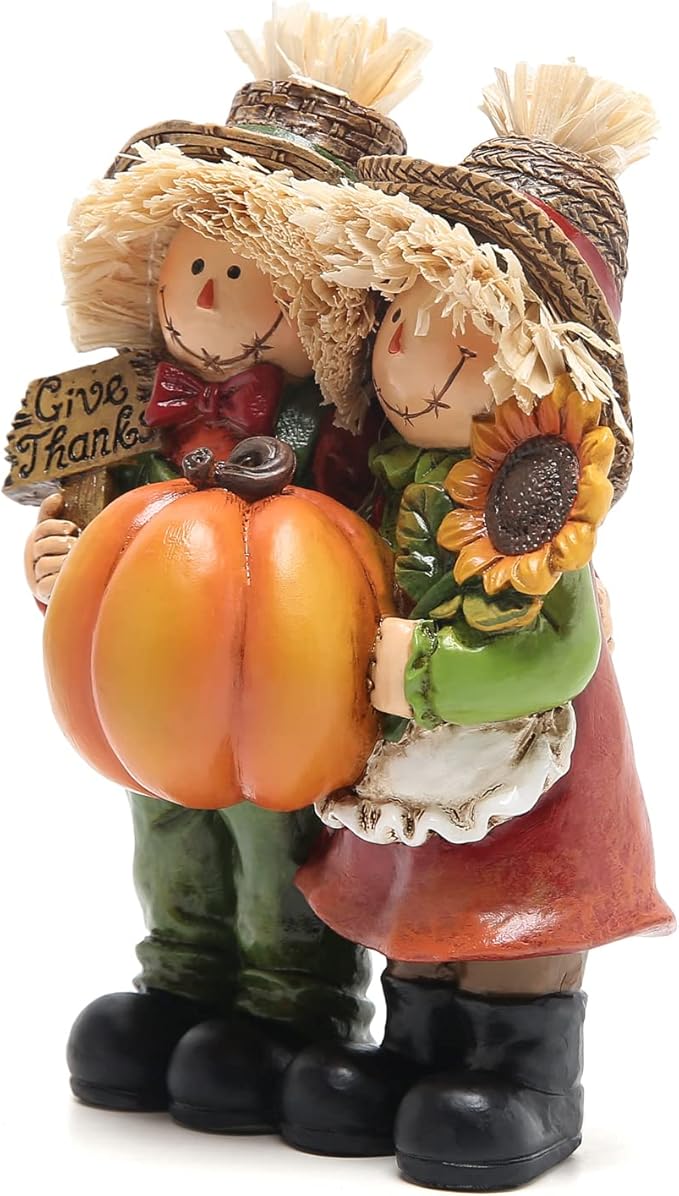 Hodao Fall Thanksgiving Scarecrow Couple Table Decorations Indoor, Resin Thanksgiving Scarecrow Figurines-Fall Thanksgiving Gifts-Fall Decorations for Home