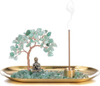 Jovivi Crystal Incense Holder for Sticks, Green Aventurine Healing Crystal Stone Money Tree Buddha Statue Set Incense Burner, Incense Trays for Wealth, Good Luck,Yoga Meditation Home Decor