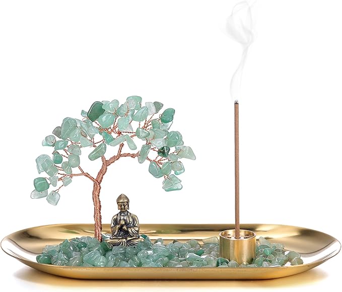 Jovivi Crystal Incense Holder for Sticks, Green Aventurine Healing Crystal Stone Money Tree Buddha Statue Set Incense Burner, Incense Trays for Wealth, Good Luck,Yoga Meditation Home Decor
