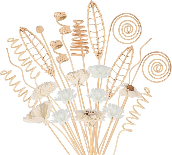 Queekay 32 Pcs Reed Diffuser Sticks Set Include 21pcs Natural Rattan Wood Beads, 11 Style Fragrance Diffuser, Rattan Reed Fragrance Replacement for Home(Wooden Color)