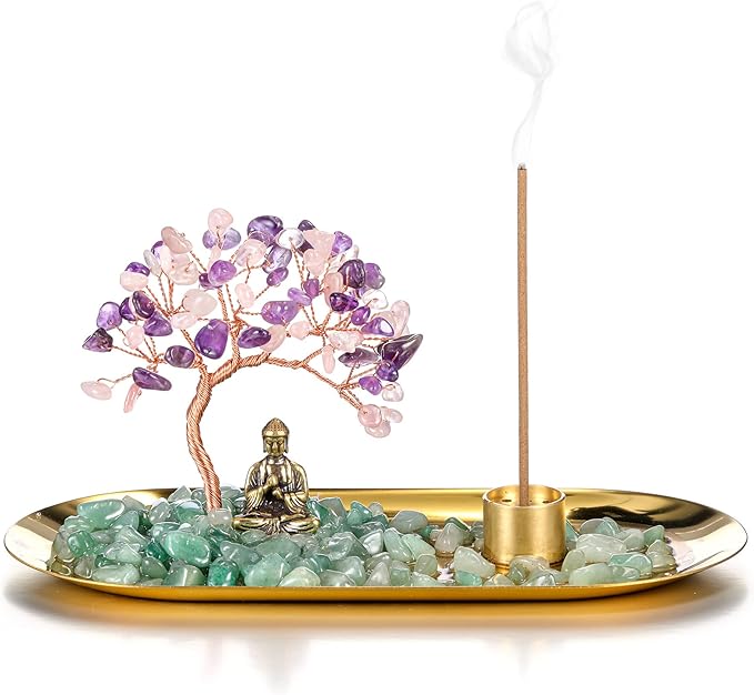 Jovivi Crystal Incense Holder for Sticks, Mixed Healing Crystal Stone Money Tree Buddha Statue Set Incense Burner, Incense Trays for Wealth, Good Luck,Yoga Meditation Home Decor