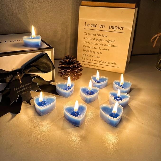 Tea Candles Heart Romantic Candle Small Sweet Wedding Party and Home 1.5-2 Hours Extended Burn Time Votive Parties Tealight Wishing Bulk Birthday Halloween Emergency Family 9 Pack (Blue)