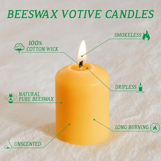 Pure Beeswax Votive Candles, 16-Pack Bees Wax Candles Bulk - 9 Hours Long Burning, Unscented and Non-Toxic for Prayers, Home Decoration, Spa, Christmas