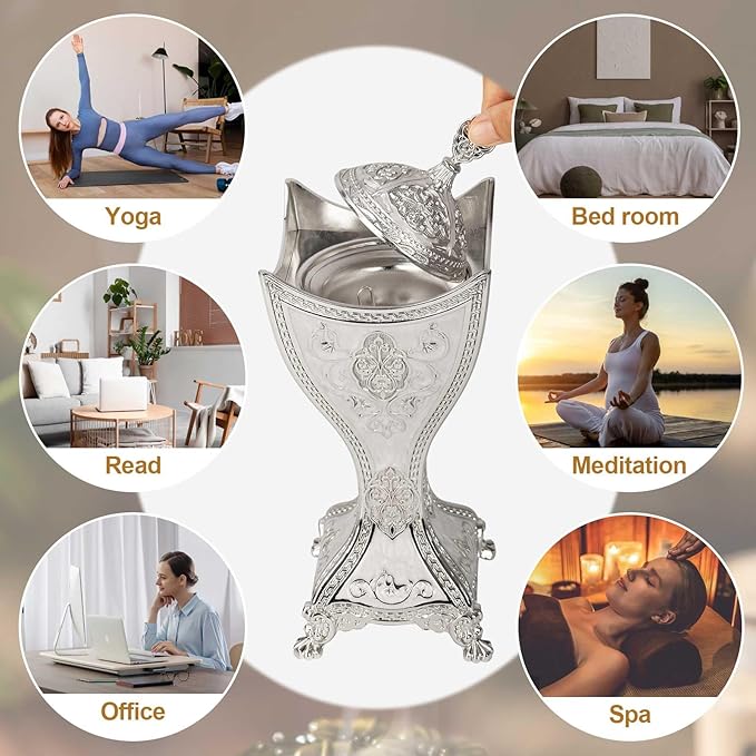Bakhoor Incense Burner, 11Inches Charcoal Incense Burner - for Yoga, Spa Aromatherapy, Office & Home Decor, Trophy Shape (Silver)