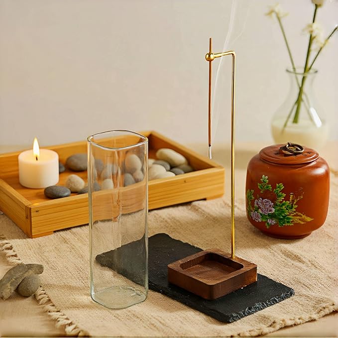 Incense Holder for Sticks with Ash Catcher - Wind Proof Hanging Design, 6x20cm Glass Tube & Spill-Proof Wood Base for 0-2.5mm Sticks, Meditation Yoga Decor (8.5x8.5cm Base)