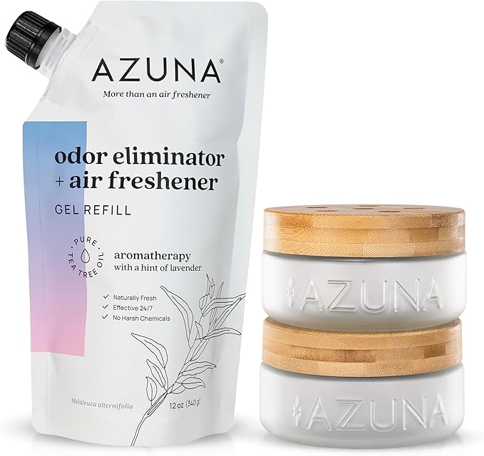 Azuna Air Freshener & Odor Eliminator for Strong Odor | 2 Room Kit Includes (2) 8 oz. Empty Luxe Glass Jars & 12 oz | Refill with Tea Tree Essential Oil Gel | Aromatherapy | Last 60-90 Days