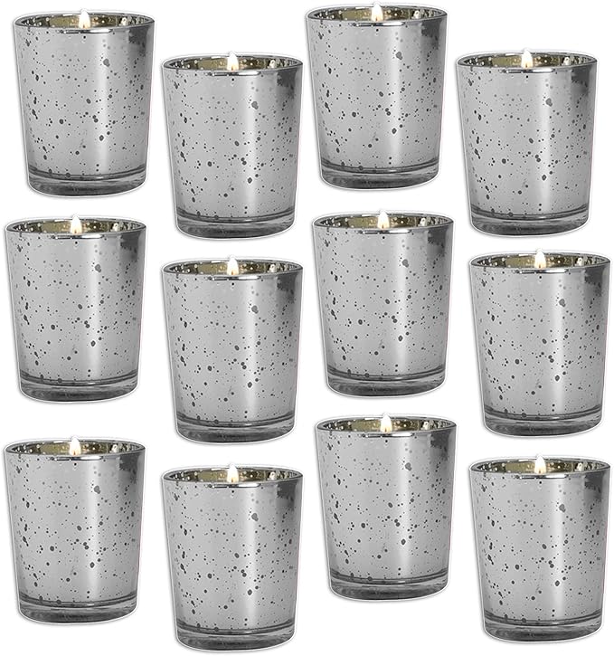 Royal Imports Silver Mercury Glass Votive Candle Holder, Table Centerpiece Tealight Decoration for Elegant Dinner, Party, Wedding, Holiday, Set of 12 (Unfilled)