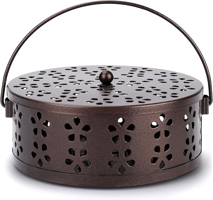 Portable Mosquito Coil Holder with Handle Round Heat-Resistant Iron Incense Coil Holder (Bronze)