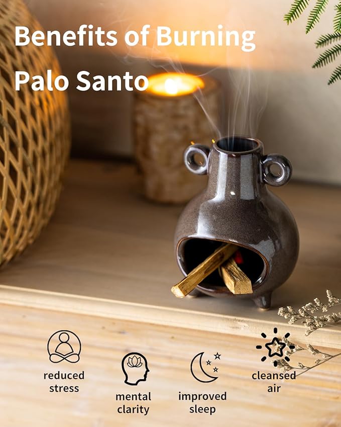 Ceramic Chiminea Palo Santo Holder, Modern Incense Holder Burner for Sticks Sage Bundles Cone Incense, Chimenea Incense Dish for Meditation Decor, Brown