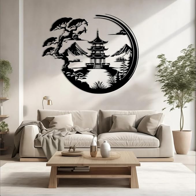 Japanese Metal Wall Art, Bonsai Tree & Torii Gate Metal Wall Decor, Bonsai Tree Wall Decor, Asian Wall Art, House Decorations Living Room, Gift for Japan Culture Lover (White, 24"x20"/60x50cm)
