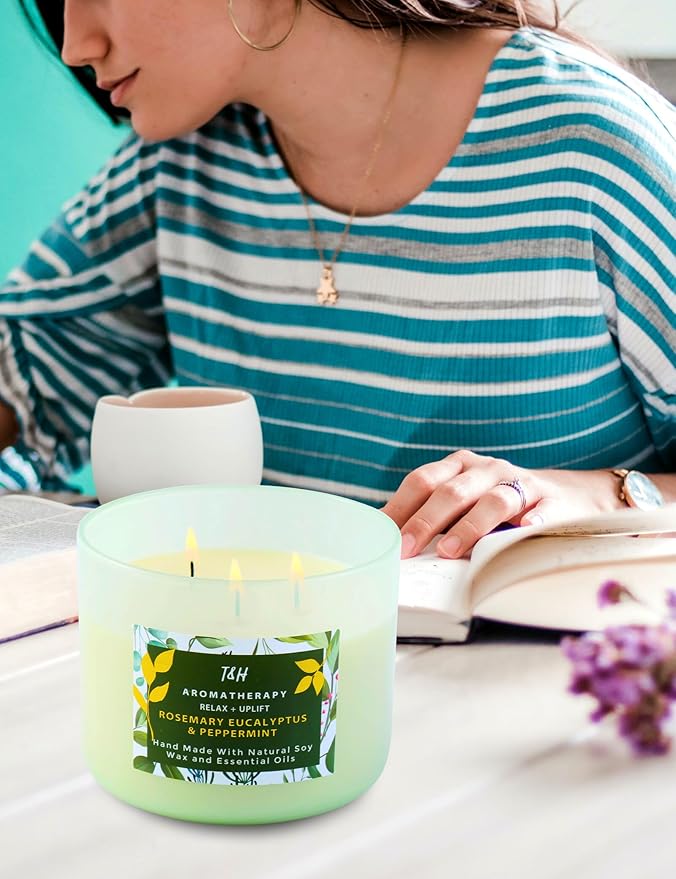 Rosemary Eucalyptus Peppermint Candle | Highly Scented Large 3 Wick Soy Candle 15.8 oz | Uplifting Eucalyptus Mint Scented Candles for Home | Aromatherapy Stress Relief Spa Candles for Men & Women