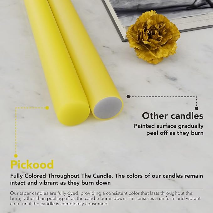 New Burning Formula Unscented Dripless 10-Inch Taper Candles Set of 12 - Yellow, for Wedding, Dinner - Smokeless, Long Burning - Hand Poured, Colored Tall Candlesticks - Amarillo